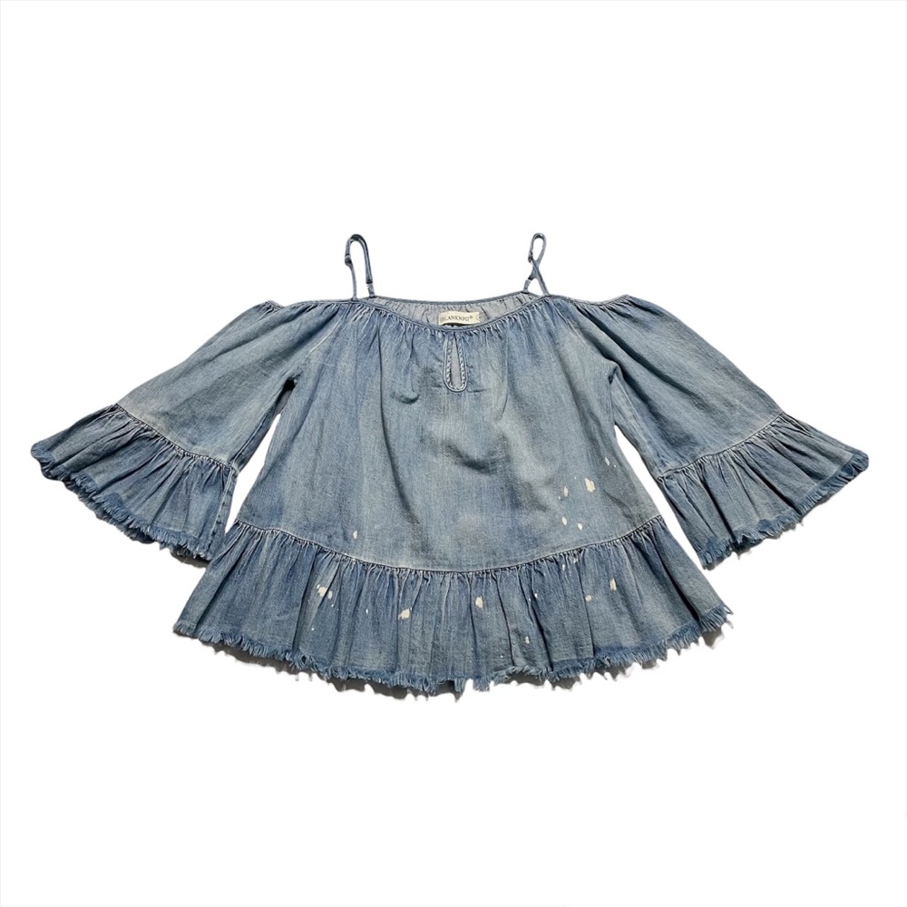 Blank NYC Chambray Distressed Bell Sleeve Open Cold Shoulder Boho Blouse XS